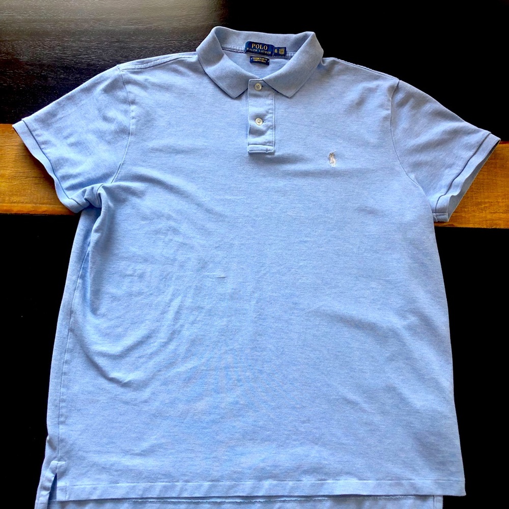 Custom Slim Fit Stretch Mesh polo shirt by Ralph Lauren. Light Blue color. EUC